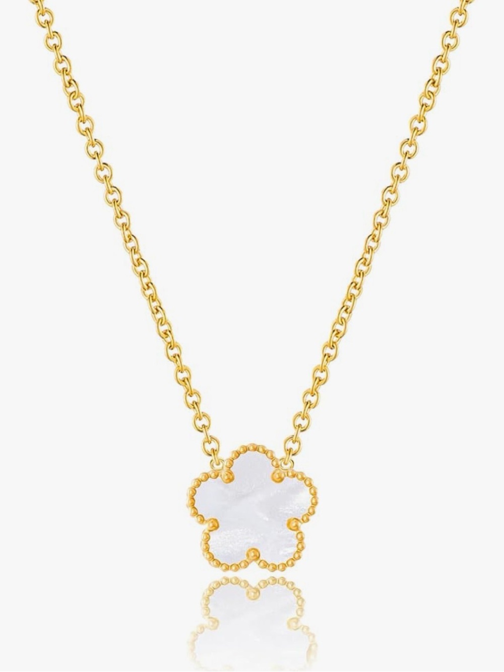 Gold Clover Pendant Necklace with White Inlay